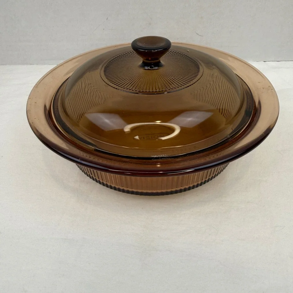 Vintage Corning Vision Amber Glass Casserole Dish with Pyrex Lid 1.5L Ribbed